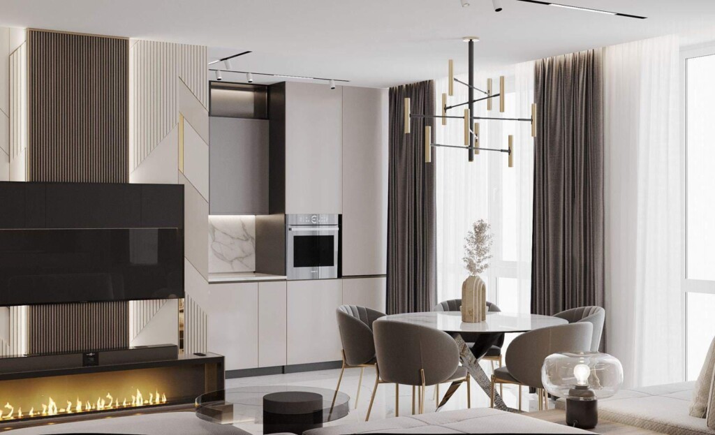 Візуалізація: кухня-вітальня з електрокаміном під ТВ DreamHouse.