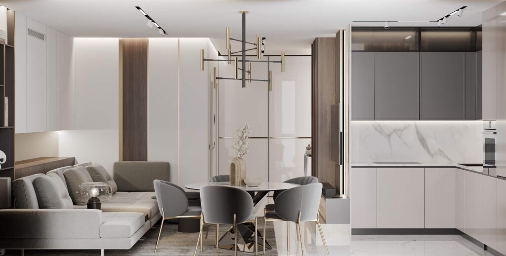 Візуалізація: вітальня з кухнею і обіднім столом DreamHouse.