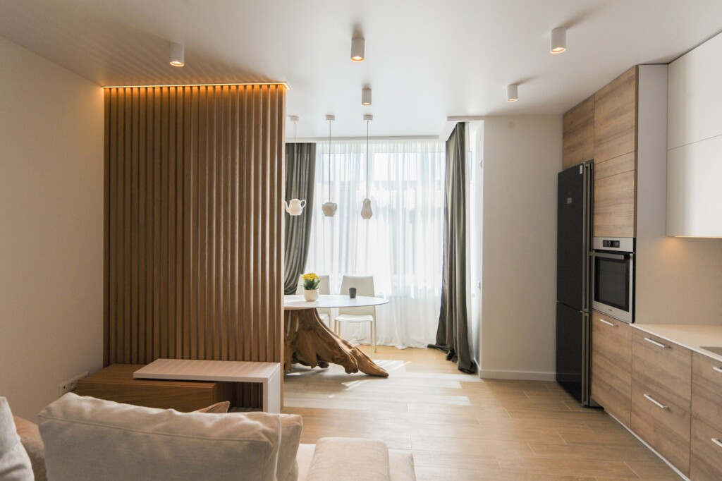 Рейкова перегородка між вітальнею і спальнею зі світловим коробом DreamHouse.