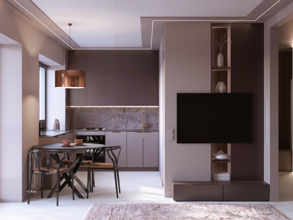 Візуалізація: кухня-вітальня з ТВ-панеллю і обіднім столом DreamHouse.