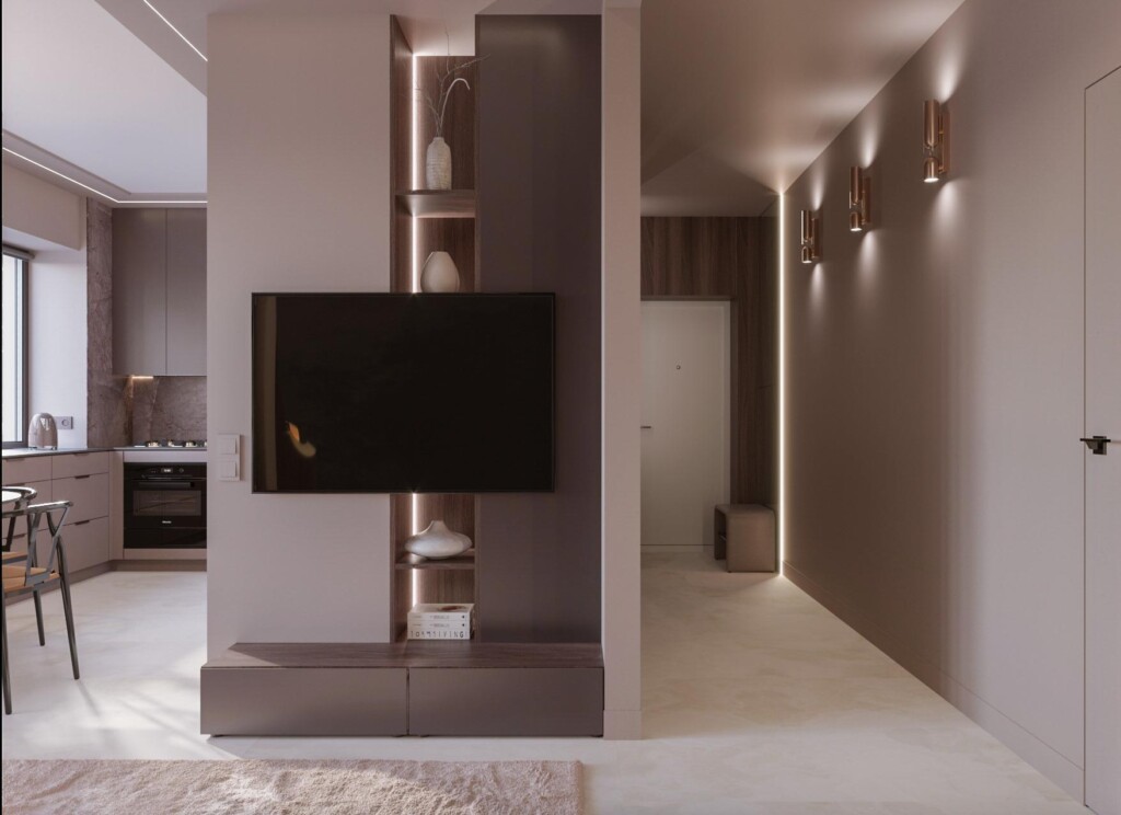 Візуалізація: ТВ-зона між кухнею і вітальнею DreamHouse.