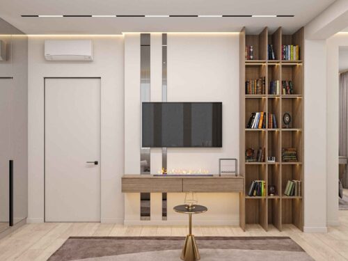 Візуалізація кабінету з ТВ-зоною і стелажем, дизайн-проєкт Odesign DreamHouse.