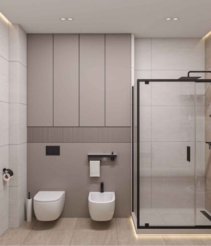 Візуалізація санвузла з душовою кабіною, дизайн-проєкт Odesign DreamHouse.