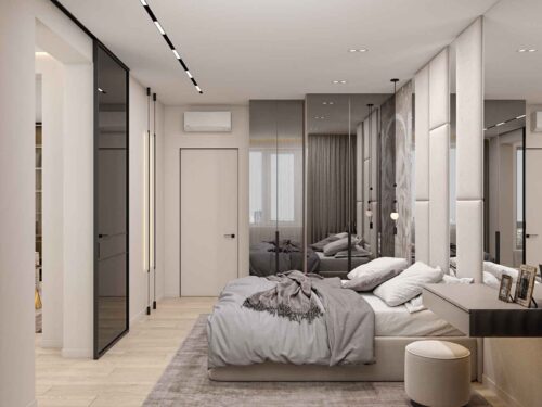 Візуалізація спальні зі скляною перегородкою, дизайн-проєкт Odesign DreamHouse.